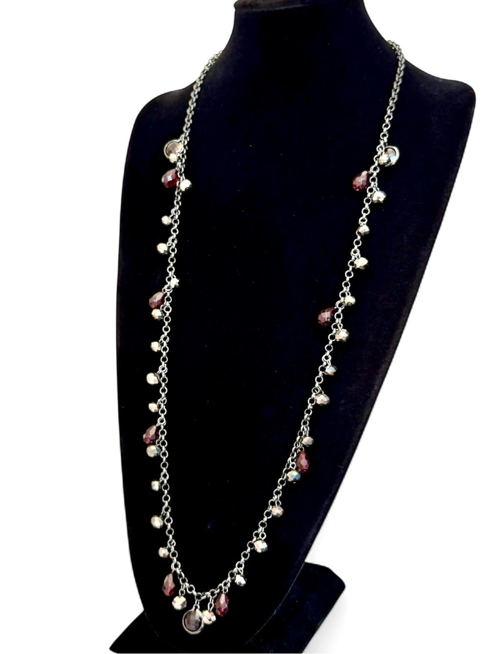 WHITE HOUSE BLACK MARKET NWT Long Iridescent Silver & Red Crystal Charm Necklace - Picture 9 of 9